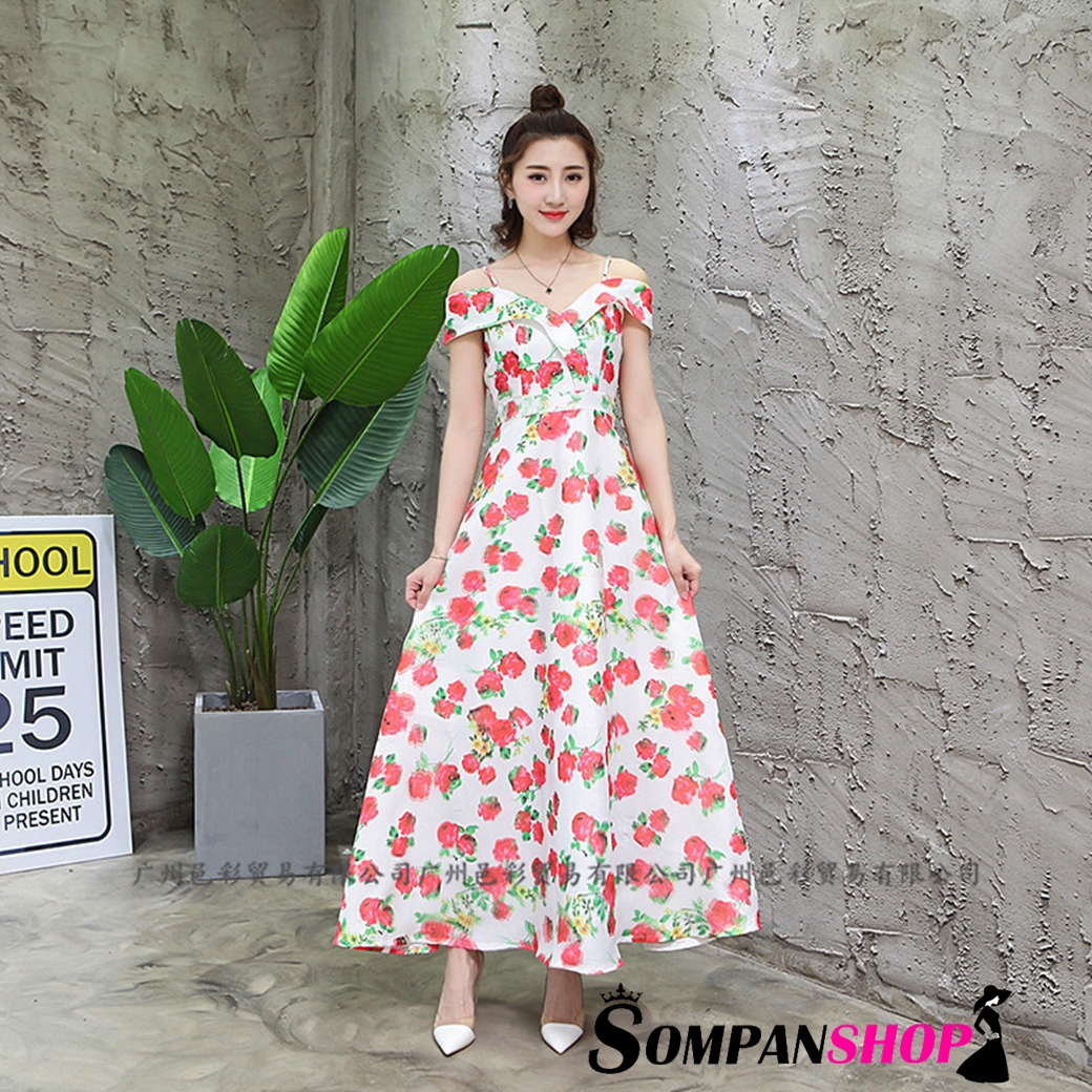 ชุดเดรสยาวสีแดง พิมพ์ลายดอกไม้ เปิดไหล่ แนวสวยหวาน สดใส ดูน่ารัก