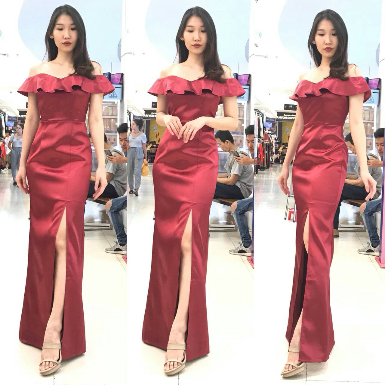 ชุดออกงานราตรียาวสีแดง เปิดไหล่แต่งระบายน่ารักๆ ผ้าดัชเชสซาติน