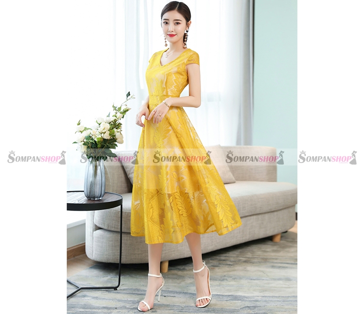 ชุดเดรสลูกไม้สีเหลือง แขนสั้น กระโปรงยาวคลุมเข่าทรงบาน แนวเรียบๆ สวยหวาน เรียบร้อย ดูดี : สินค้าพร้อมส่ง
