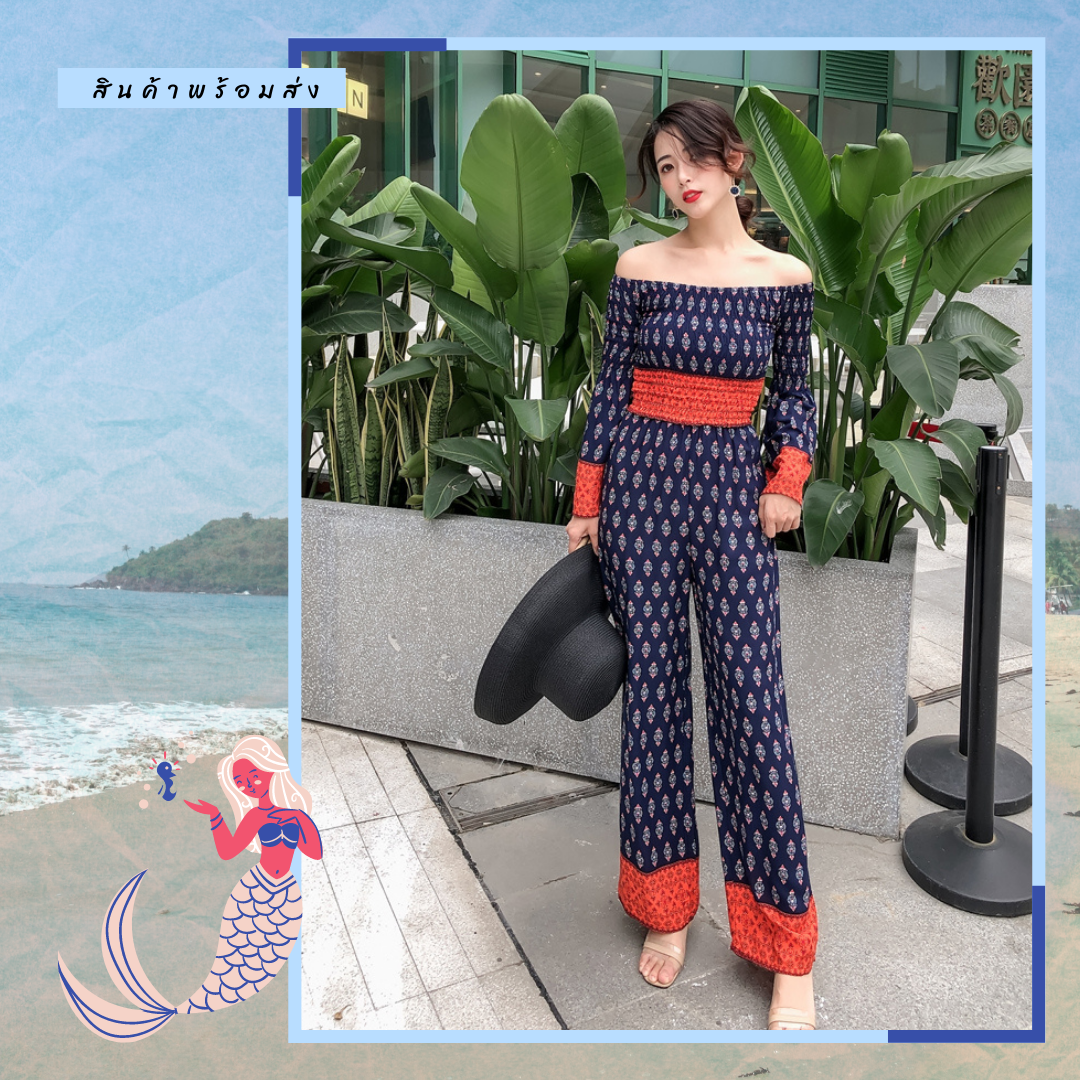 ชุดไปเที่ยวทะเล ชุดเซ็ท 2 ชิ้น สีน้ำเงินลายโบฮีเมียน สวยๆ สุดเก๋