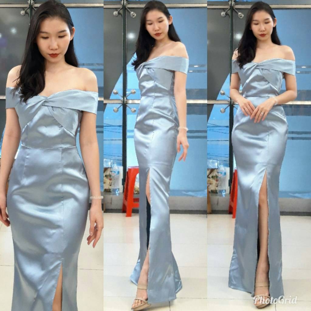 ชุดออกงานราตรียาวสีฟ้าอมเทา เปิดไหล่จีบโบว์หน้า กระโปรงยาวผ่าหน้า