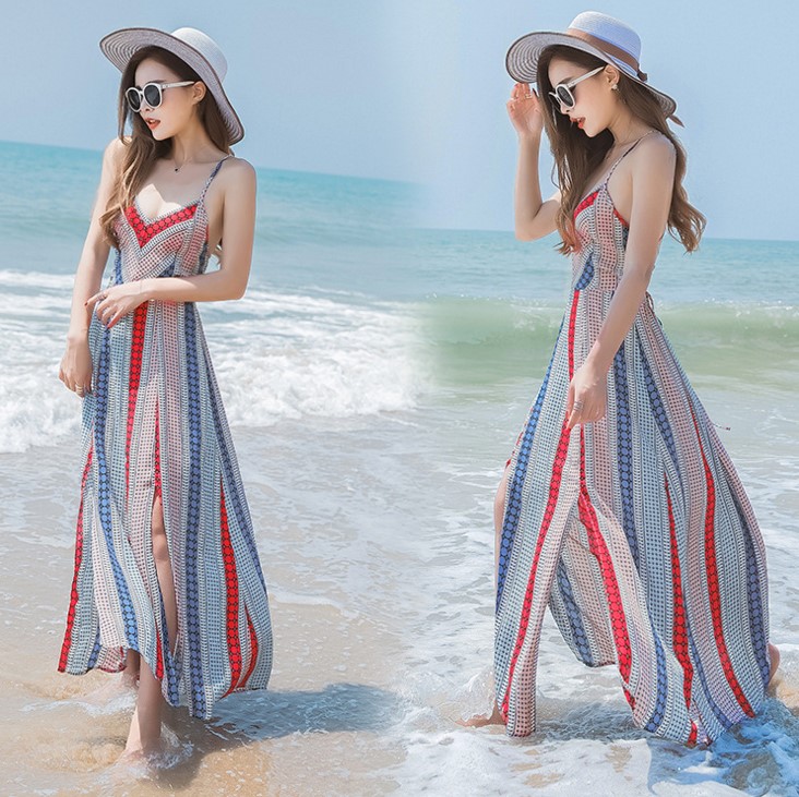 ชุดเที่ยวทะเล แม็กซี่เดรสพิมพ์ลายสวยๆเก๋ๆ โชว์หลังสายไขว้ ผ้าชีฟองพริ้วๆ