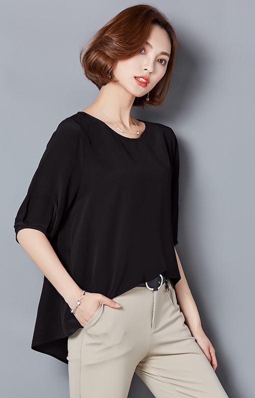 เสื้อเชิ้ตผู้หญิงแฟชั่นสีดำ แขนสั้น ทรงปล่อย