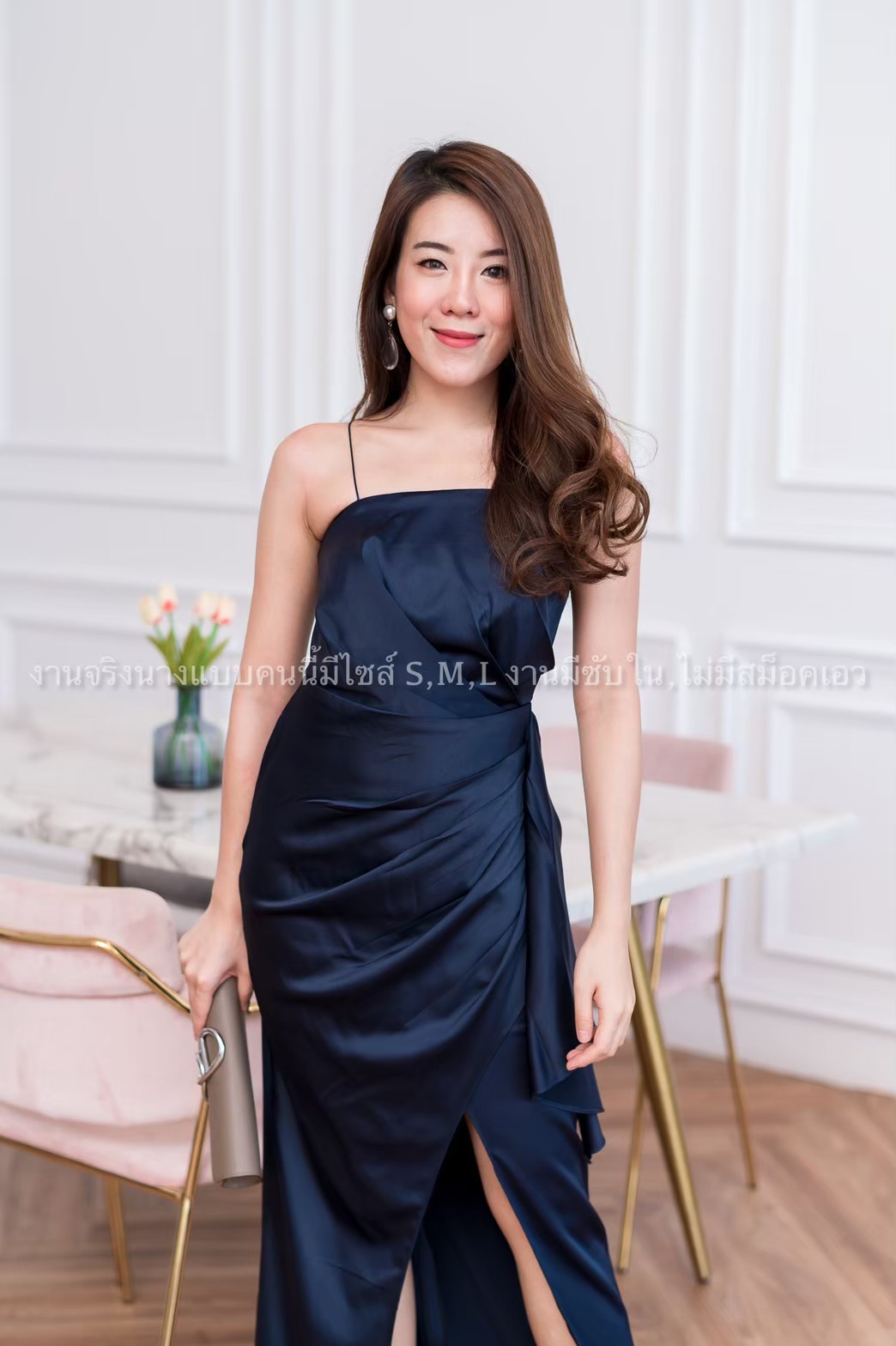 ชุดราตรี ชุดออกงาน ชุดไปงานแต่งงานสีกรมท่า เดรสยาวออกงานสายเดี่ยวเอวระบายสวยๆ