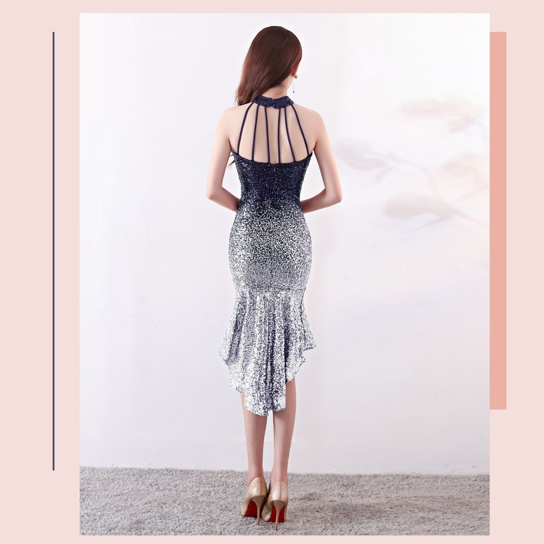 ชุดราตรี ชุดออกงาน ชุดไปงานแต่งงานสีน้ำเงินกรมท่า ทรงเข้ารูป กระโปรงหางปลา ผ้าปักเหลื่อม เรียบหรู