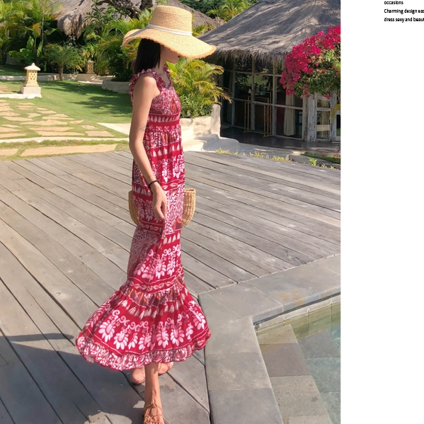 ชุดไปทะเล เดรสเที่ยวทะเล แม็กซี่เดรสสีแดงพิมพ์ลายโบฮีเมียน