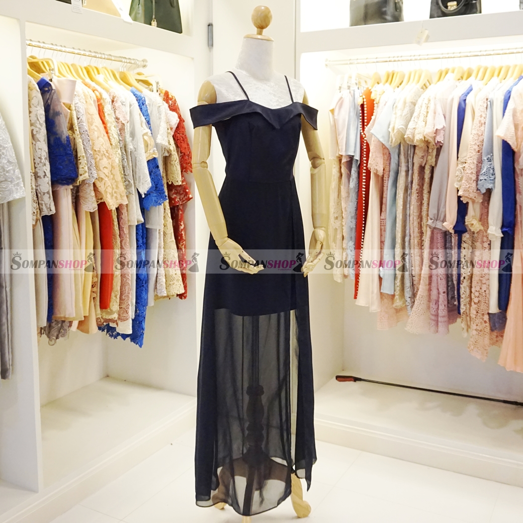 ชุดเดรสออกงานสีน้ำเงินกรมท่า สายเดี่ยวเปิดไหล่ ลุคเรียบๆ สวยหรู ดูสง่า เหมาะสำหรับใส่ออกงาน ไปงานแต่งงาน