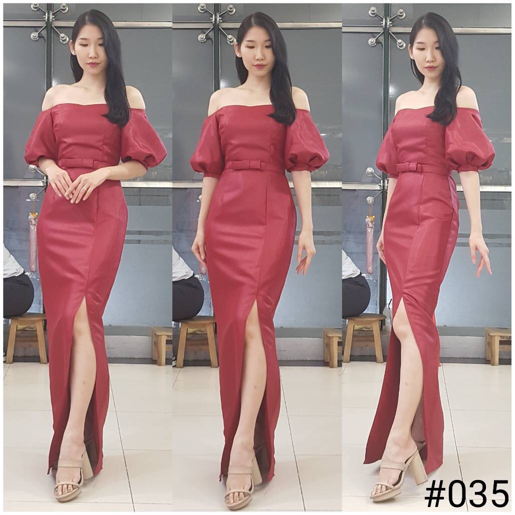 ชุดออกงาน/ชุดไปงานแต่งงานสีแดง เปิดไหล่ แขนทรงบอลลูน กระโปรงยาวผ่าหน้า