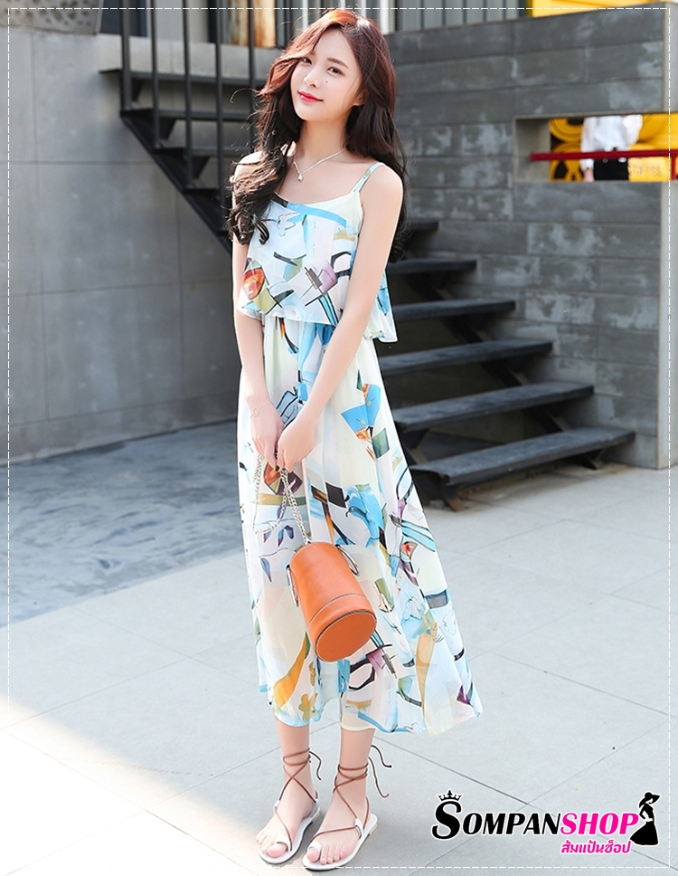 ชุดเดรสเที่ยวทะเลลสีฟ้า ายกราฟฟิคสวยเก๋ สายเดี่ยว อกแต่งระบาย กระโปรงยาวทรงบาน