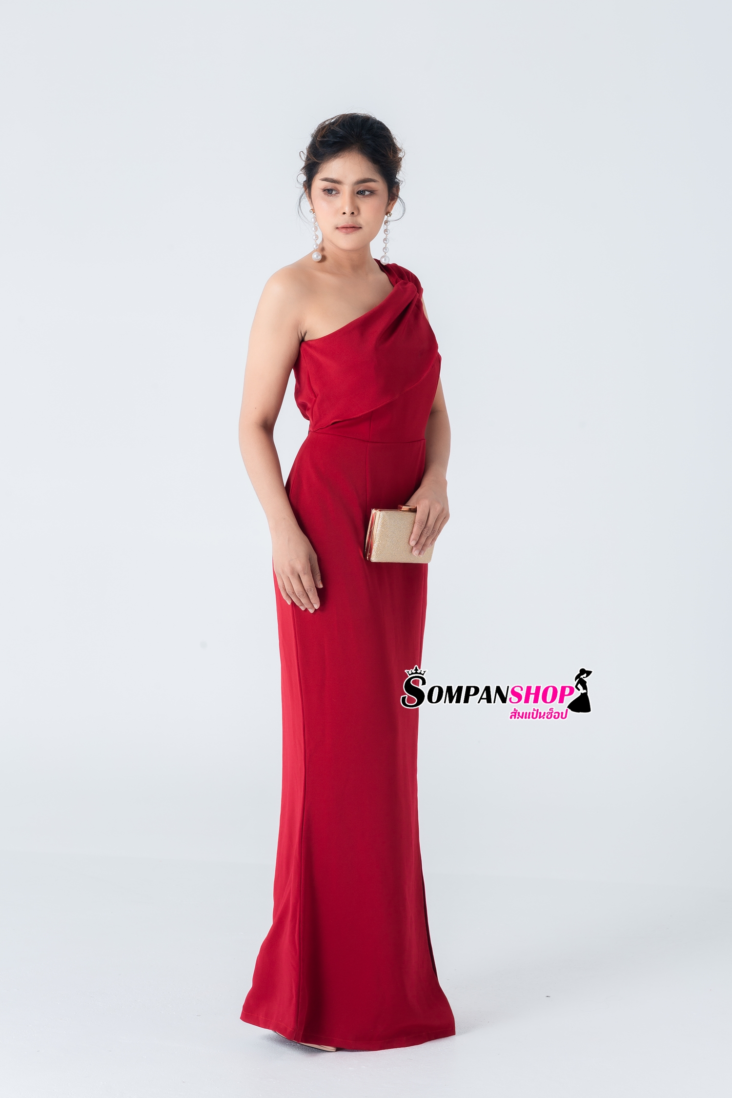 ชุดเดรสยาวออกงาน ไหล่เฉียงข้าง สี : แดง,เทา,ชมพู