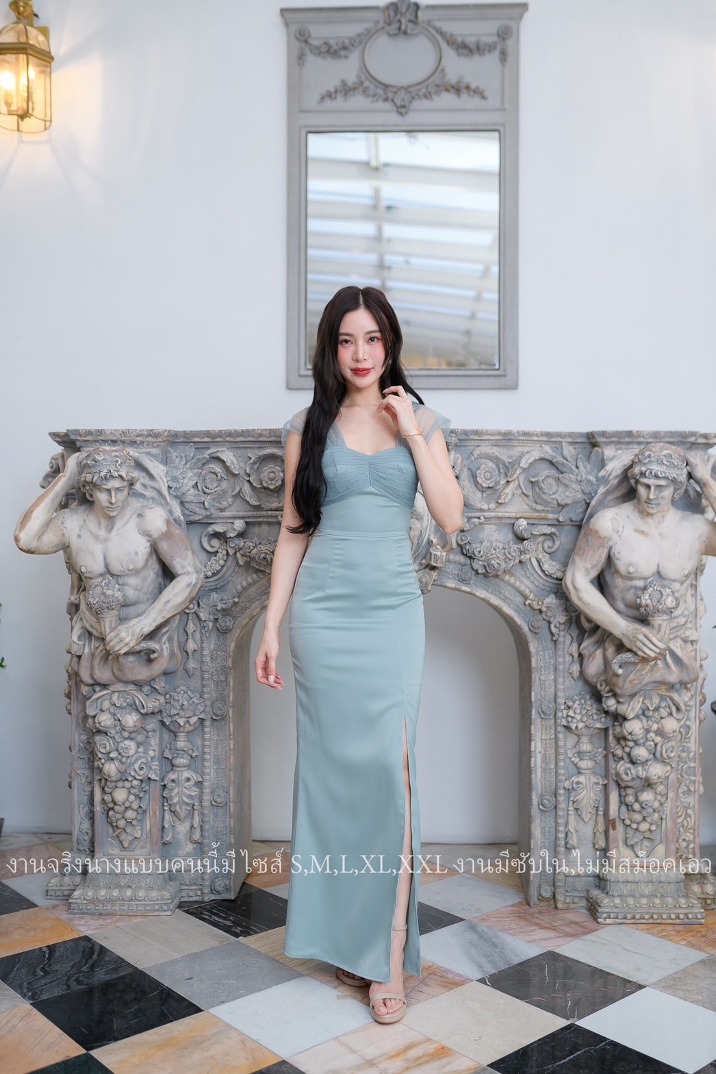 ชุดราตรี ชุดออกงาน ชุดไปงานแต่งสีเขียวพาสเทล เดรสยาวออกงาน ไกล่แต่งผ้าซีทรู กระโปรงผ่าหน้า แนวเรียบหรู สวยดูดี ใส่ได้ทั้งงานกลางวัน/งานกลางคืน