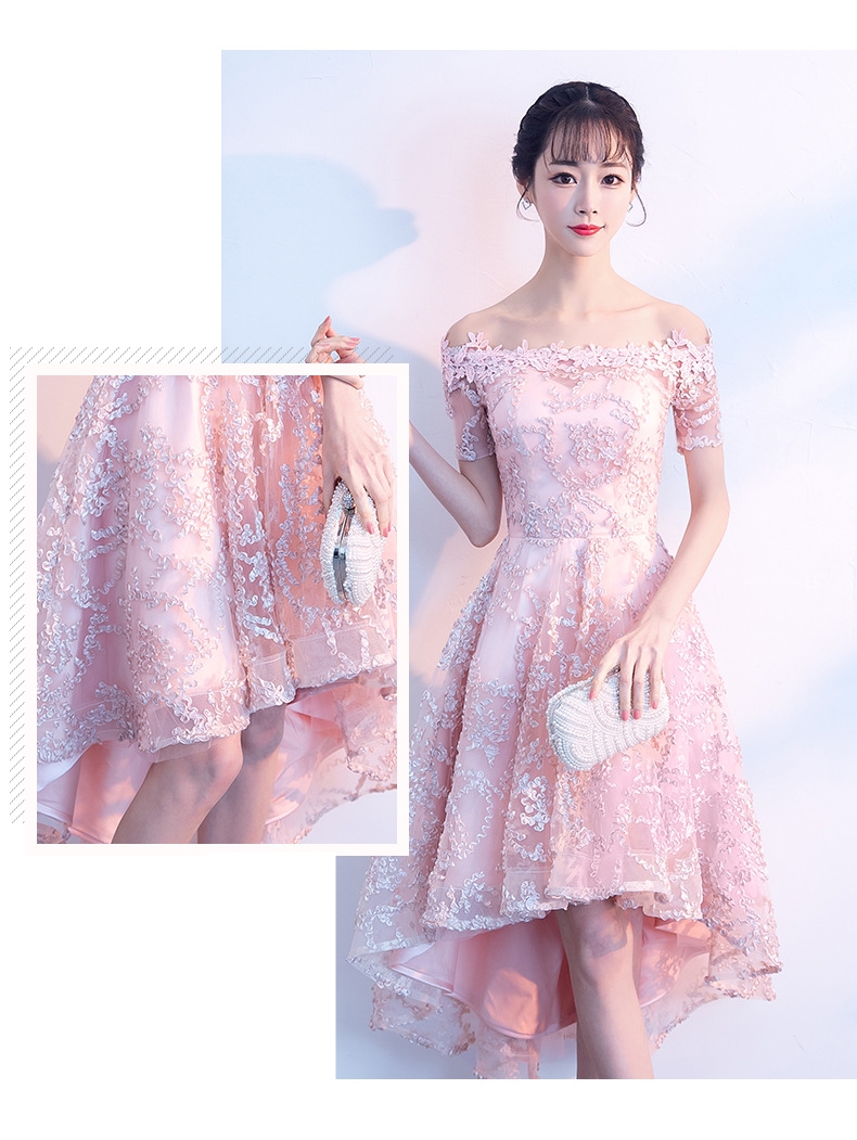 ชุดเดรสออกงานสีชมพูโอรส ปักลายนูน ทรงเปิดไหล่ กระโปรงทรงบานหน้าสั้นหลังยาว แนวเรียบหรู สวย ดูดี ใส่เป็นชุดราตรี ชุดออกงาน ชุดไปงานแต่งงาน กลางวัน กลางคืน