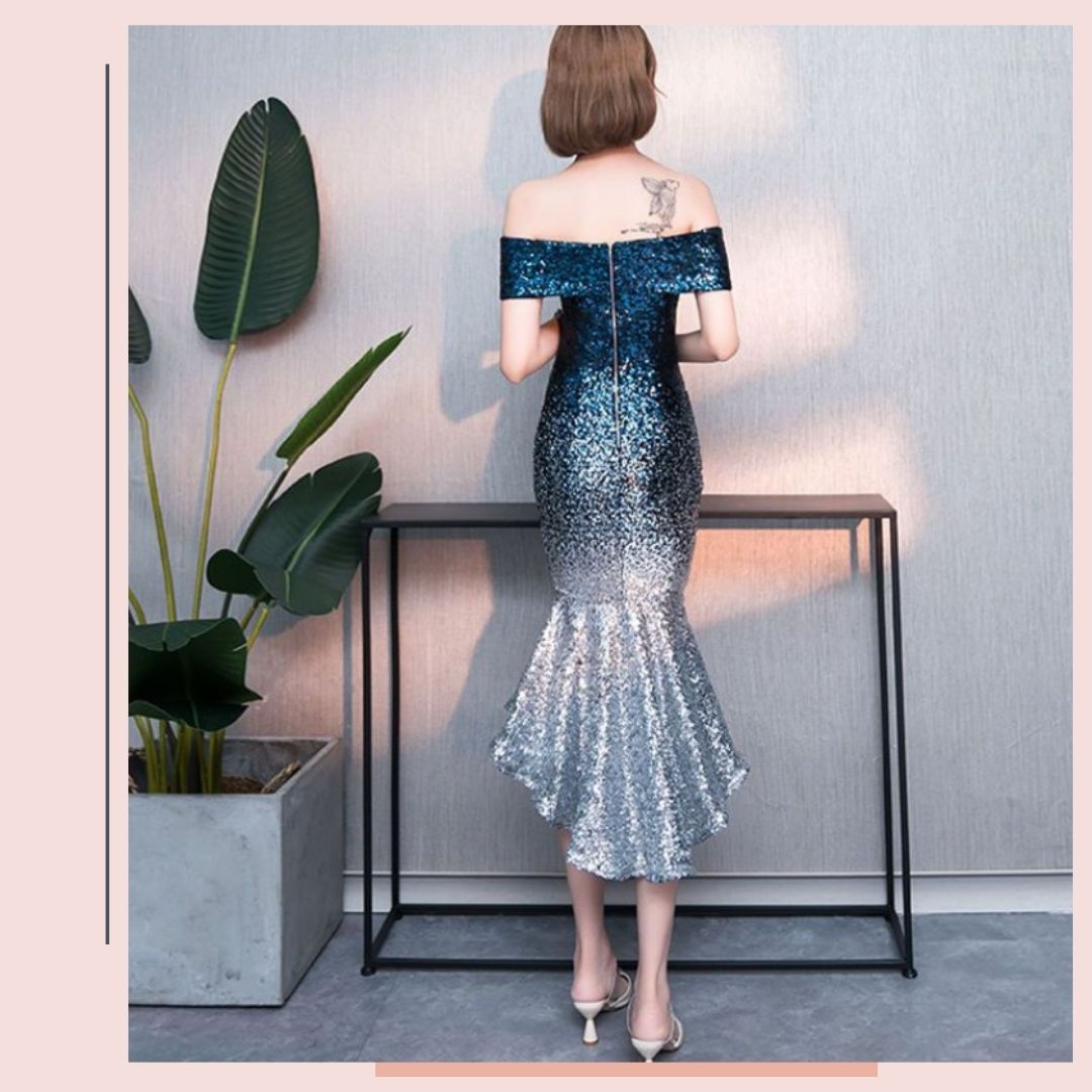 ชุดราตรี ชุดออกงาน ชุดไปงานแต่งงานสีน้ำเงินกรมท่า ทรงเข้ารูป กระโปรงหางปลา ผ้าปักเหลื่อม เรียบหรู