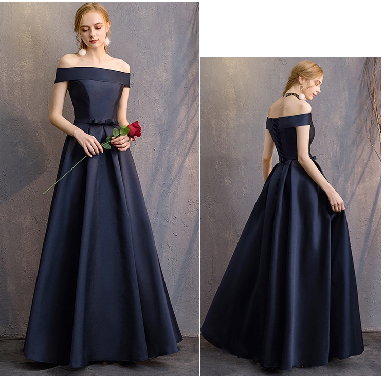 ชุดออกงานราตรี/ชุดไปงานแต่งสีน้ำเงินกรมท่า ทรงเปิดไหล่ กระโปรงยาวทรงบาน ลุคสวยหรู หวานๆ สไตล์เจ้าหญิง