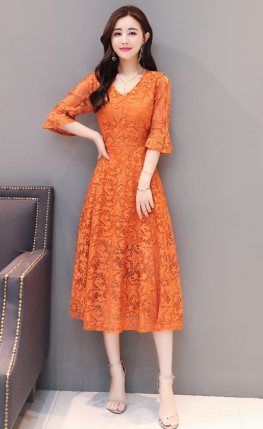 ชุดเดรสสั้นลูกไม้สีส้มอิฐ แขนสามส่วน กระโปรงยาวคลุมเข่า แนวเรียบร้อย สวยหวาน ใส่ทำงาน ใส่ไปงานได้ : M L XL 2XL