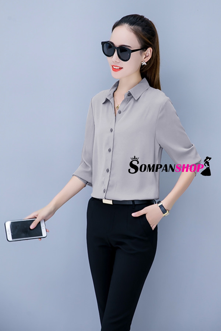 เสื้อเชิ้ตผู้หญิงทำงานสีเทา แขนยาว กระดุมหน้า ผ้าชีฟอง