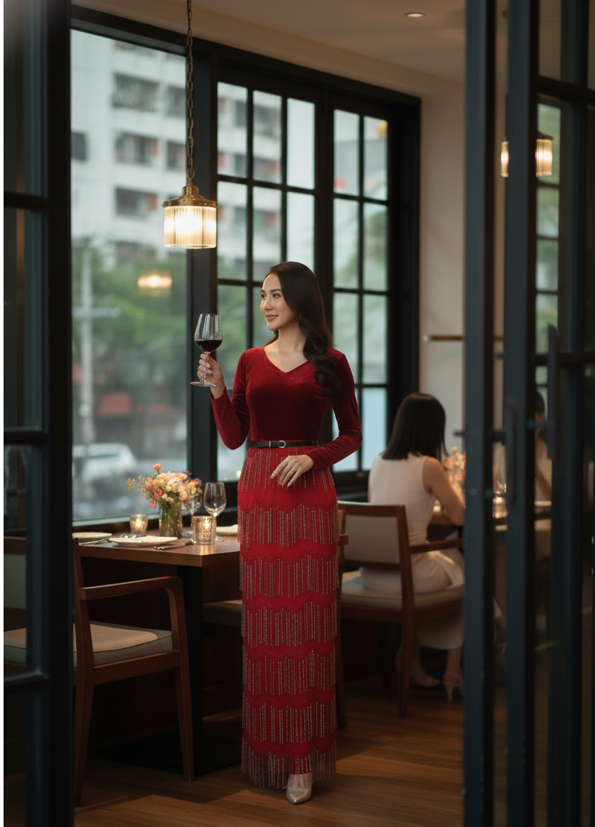 ชุดราตรียาวสีแดง ชุดแม่เจ้าสาว งานราตรี ชุดไปงานแต่งงาน