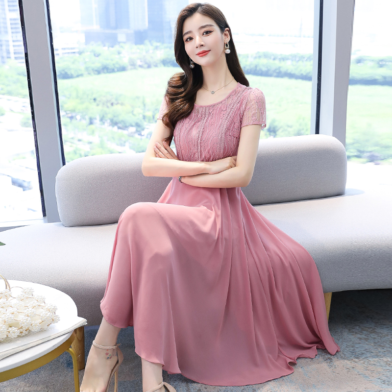 ชุดเดรสยาวสีชมพู เรียบร้อยสวยสุภาพ ใส่ทำงาน ใส่ไปงานแต่งเช้า ใส่ไปงานเลี้ยง