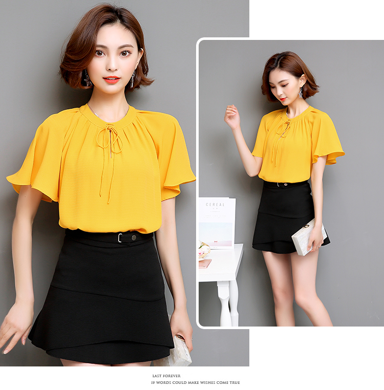 เสื้อผู้หญิงทำงานสีเหลือง แขนสั้น แต่งระบาย คอผูกโบว์ ทรงปล่อย แนวเรียบๆ สวยๆ