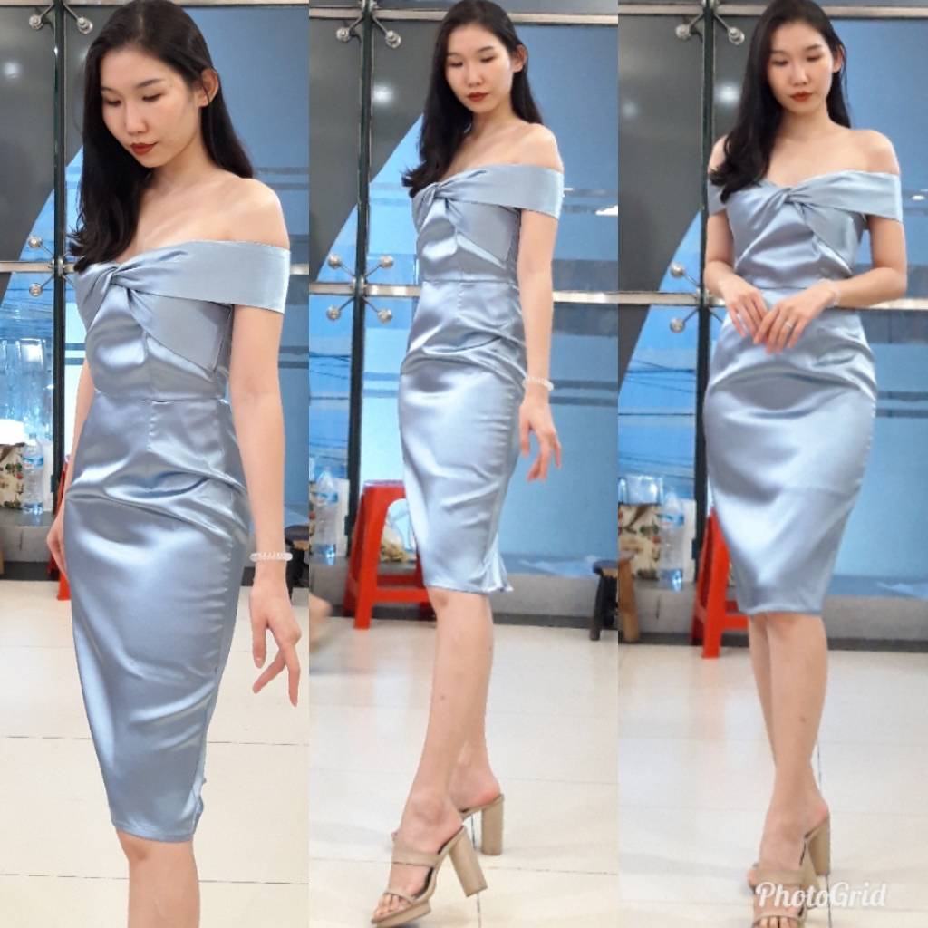 ชุดออกงาน/ชุดไปงานแต่งงานสีฟ้า เปิดไหล่ ทรงเข้ารูป กระโปรงสั้น