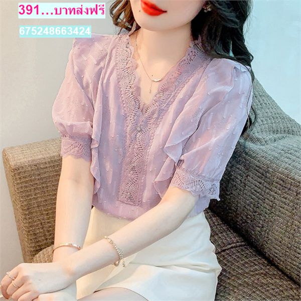 เสื้อเชิ้ตลูกไม้ สีม่วง เสื้อผ้าแฟชั่นผู้หญิง