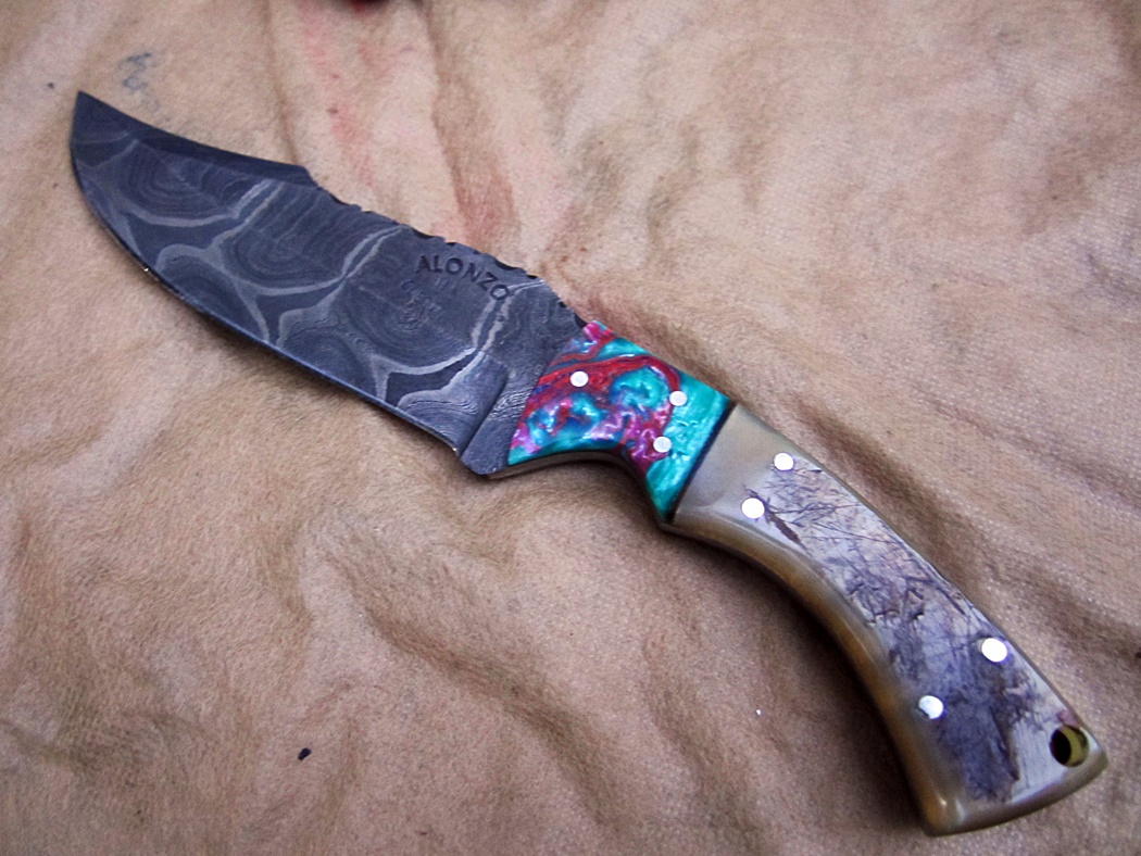 มีด ALONZO KNIVES USA CUSTOM HANDMADE DAMASCUS TACTICAL HUNTING KNIFE RAM HORN