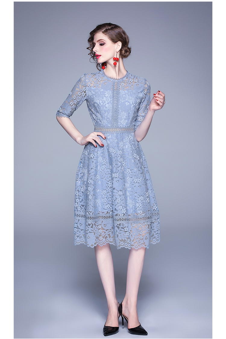 ชุดเดรสสั้นสีฟ้า ผ้าลูกไม้ แขนสามส่วน ไปงานแต่ง ออกงาน สวยหวาน เรียบร้อยดูดี