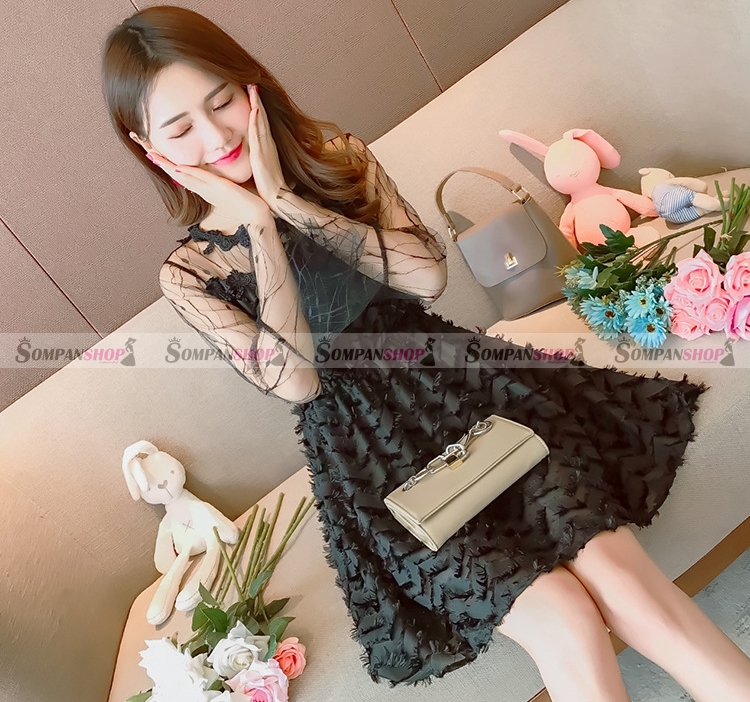 ชุดเดรสสั้นสีดำ แต่งขนฟรุ่งฟริ้งน่ารักๆ แขนยาวซีทรู สไตล์สวยๆ น่ารักๆ