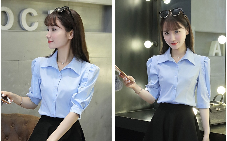 เสื้อเชิ้ตทำงานผู้หญิงสีฟ้า เสื้อเชิ้ตคอปก แขนสั้น กระดุมหน้า ผ้าชีฟอง ใส่ทำงานได้