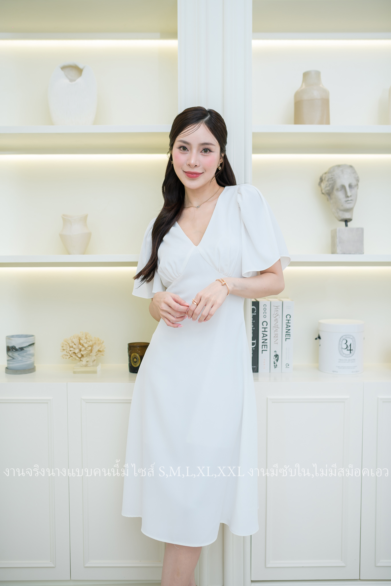 ชุดราตรี ชุดออกงาน ชุดไปงานแต่งงาน เดรสสั้นแขนระบาย กระโปรงคลุมเข่า แนวเรียบหรู สวยดูดี ใส่ได้ทั้งงานกลางวัน/งานกลางคืน : สี ขาว/ฟ้า/ชมพู