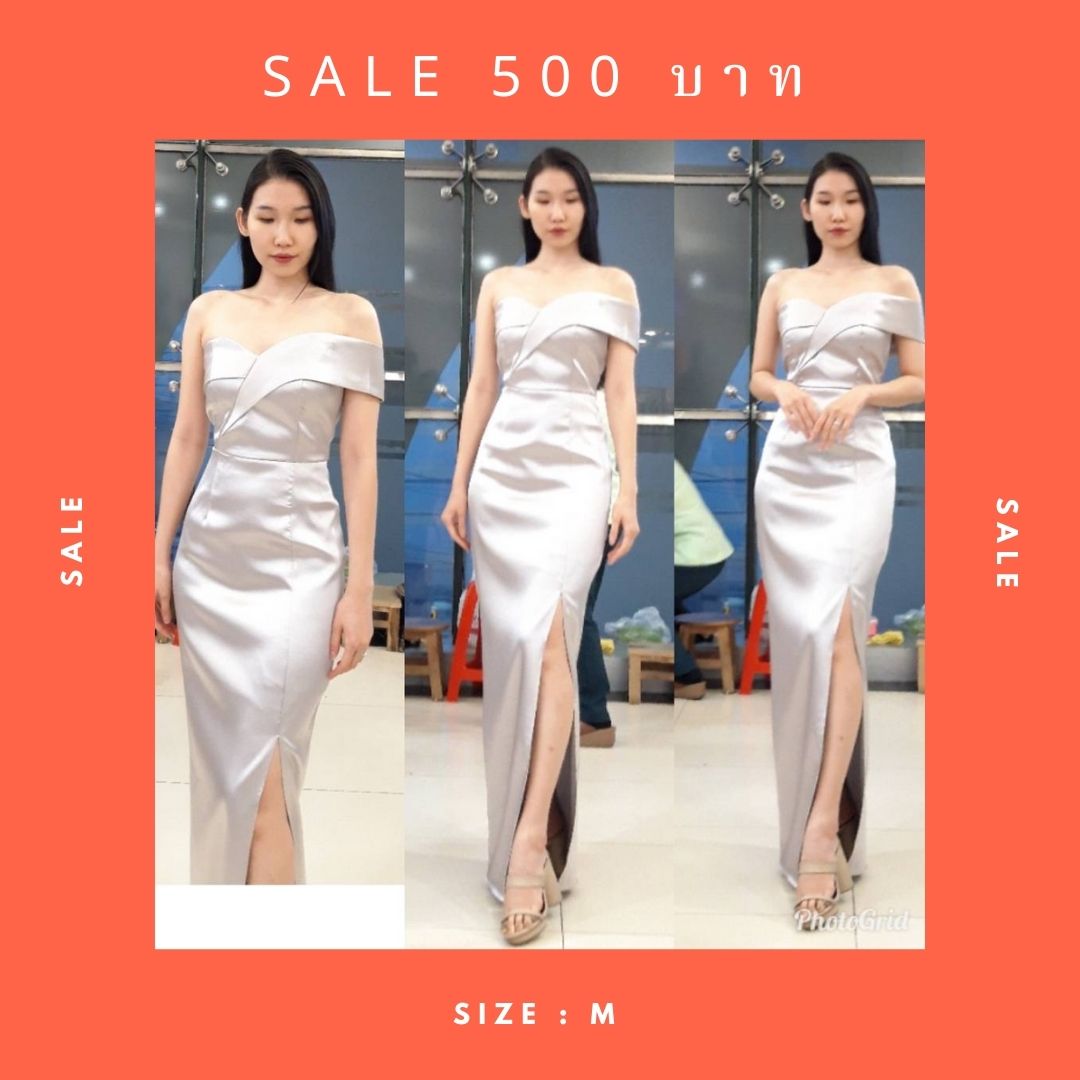 ชุดออกงานราตรียาวสีเทา เกาะอกเปิดไหล่ข้างเดียว ผ้าดัชเชสซาติน