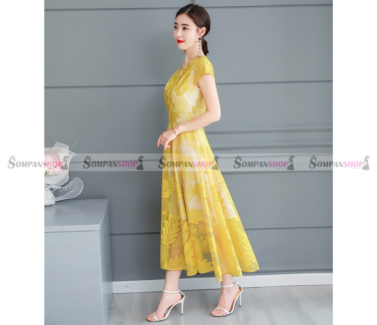 Sale ชุดเดรสลูกไม้สีเหลืองอ่อน แขนสั้น กระโปรงยาวคลุมเข่าทรงบาน แนวเรียบๆ สวยหวาน เรียบร้อย ดูดี