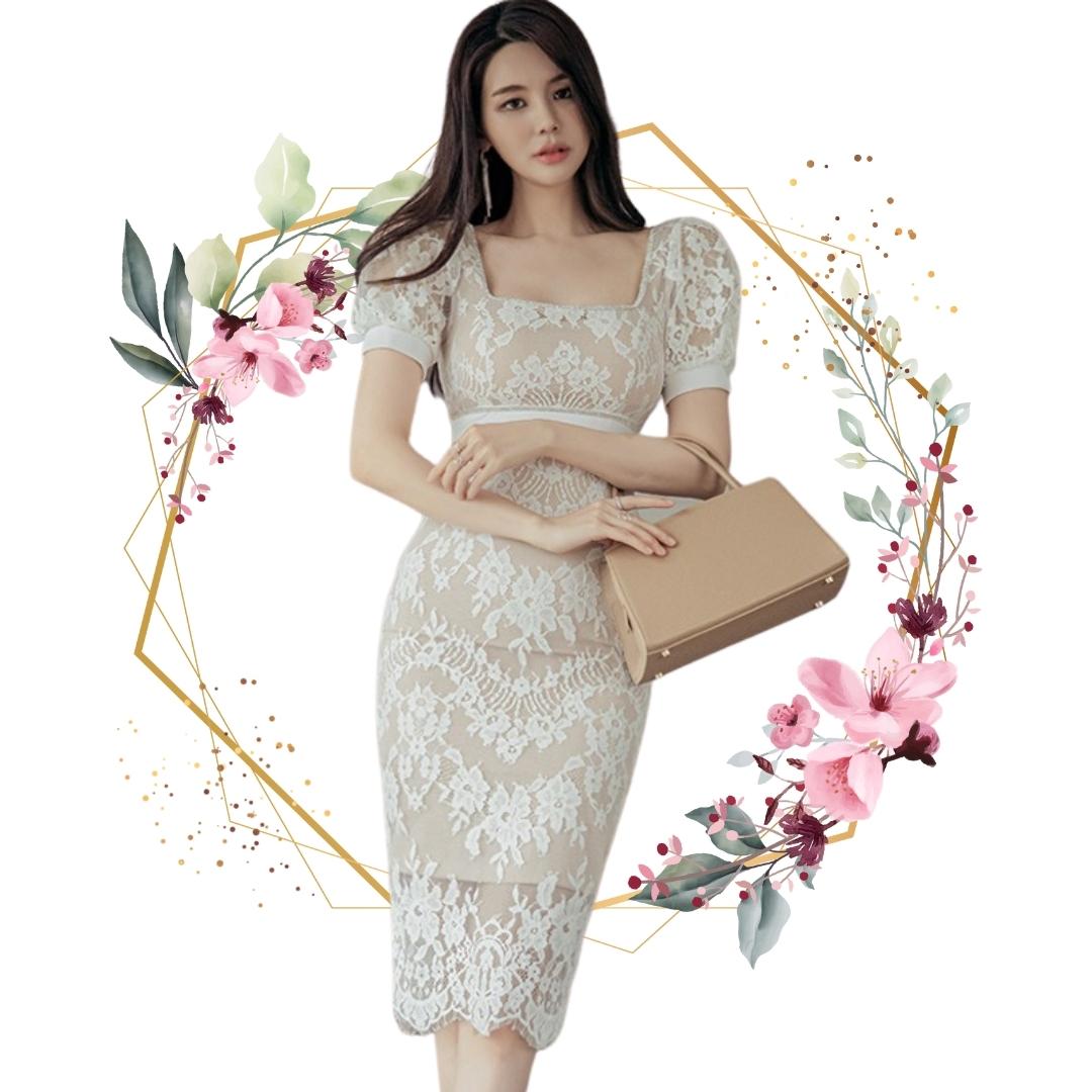 ชุดเดรสออกงานลูกไม้สีขาว ทรงเข้ารูป แขนสั้น แต่งเพชรช่วงคอ-เอว แนวเรียบหรู สวยดูด๊ เหมาะสำหรับใส่เป็นชุดราตรี ชุดออกงาน ชุดไปงานแต่งงานกลางวัน-กลางคืน