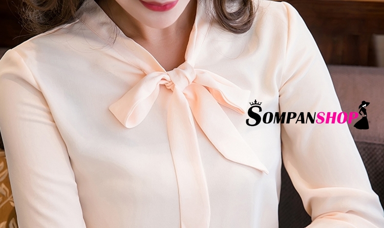 เสื้อเชิ้ตผู้หญิงสีครีม แขนยาว คอผูกโบว์น่ารัก