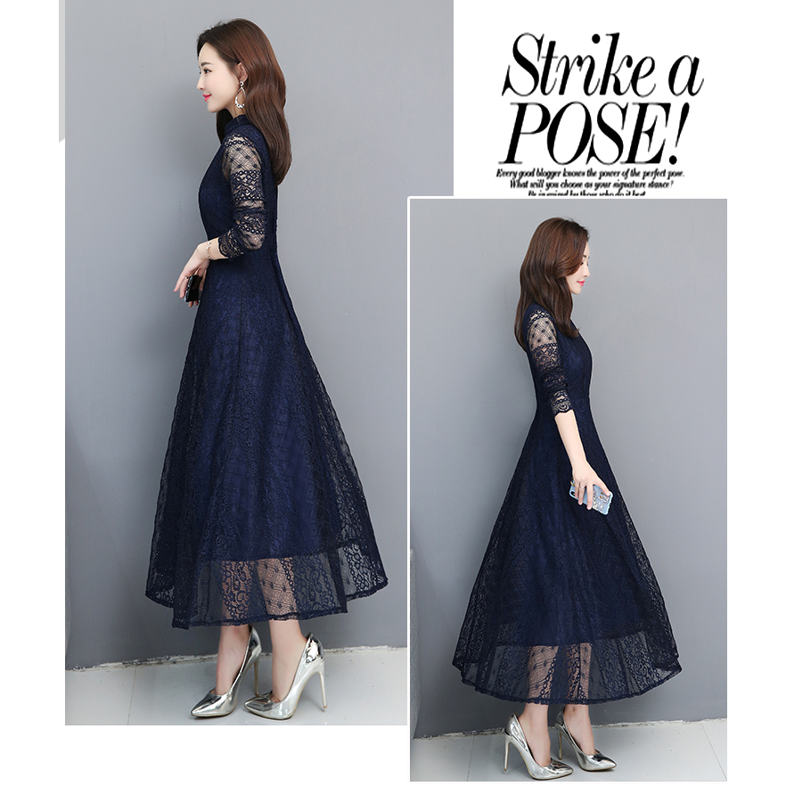 ชุดเดรสยาวสีน้ำเงินกรมท่า ผ้าลูกไม้ สีพื้น แขนยาว กระโปรงบาน คอจีน เอวเข้ารูป น่ารัก สวย ดูดี ใส่เที่ยว ทำงาน ออกงาน งานแต่งงาน งานบวช ได้