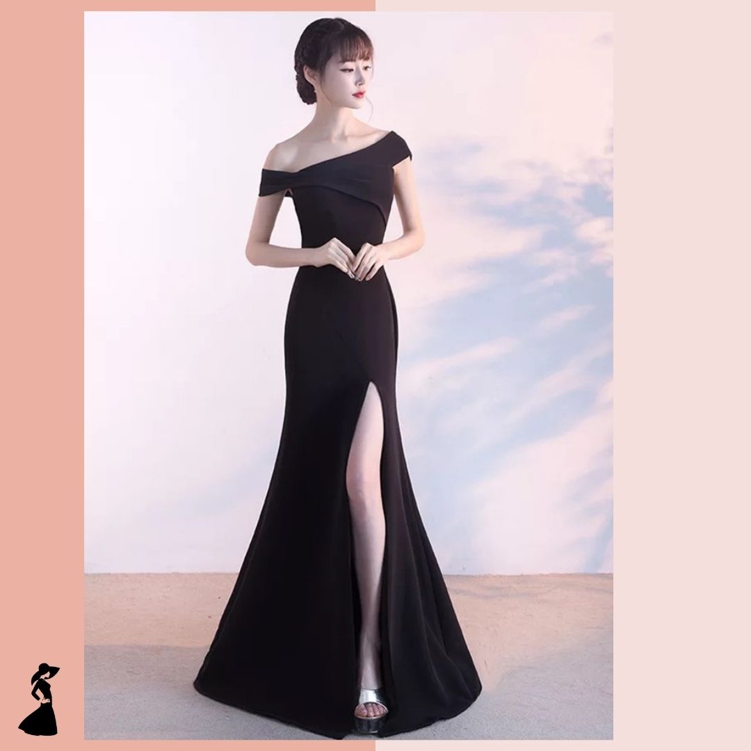 ชุดราตรี ชุดออกงาน ชุดไปงานแต่งงานสีดำ เดรสยาวทรงเปิดไหล่ แนวเรียบหรู สวยหรู ดูดี