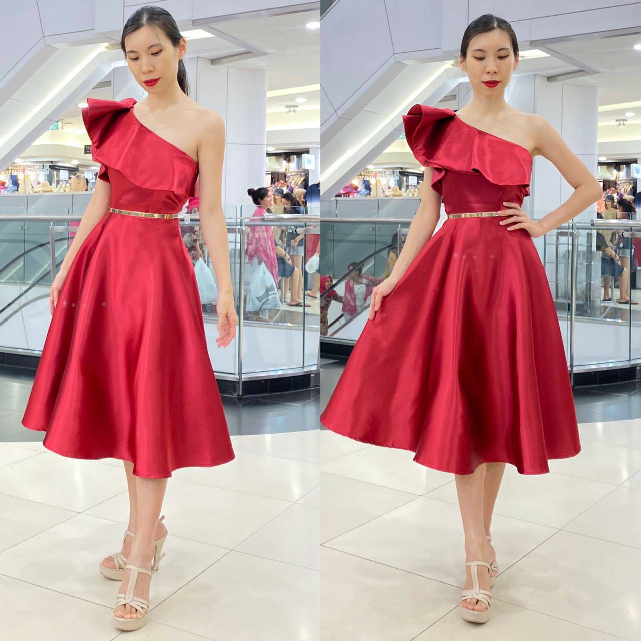 ชุดออกงานราตรีสั้นสีแดง ไหล่เฉียงระบาย กระโปรงยาวคลุมเข่า เรียบหรูดูแพง สวยสง่า ใส่ออกงาน ไปงานราตรี ไปงานแต่งงาน