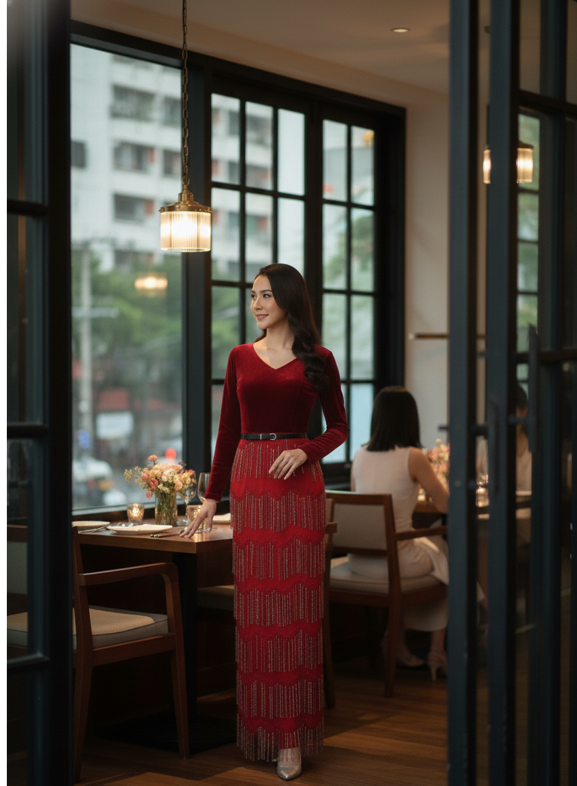 ชุดราตรียาวสีแดง ชุดแม่เจ้าสาว งานราตรี ชุดไปงานแต่งงาน