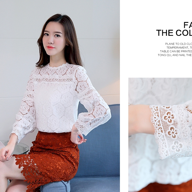 เสื้อผู้หญิงสีขาว แขนยาว ผ้าลูกไม้ เข้ารูป เนื้อผ้านิ่มใส่สบาย