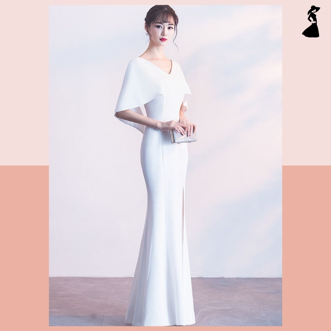 ชุดราตรี ชุดออกงาน ชุดไปงานแต่งงานสีขาว แขนทรงปีกค้างคาว กระโปรงยาวผ่าหน้า แนวเรียบหรู สวยหรูดูแพง