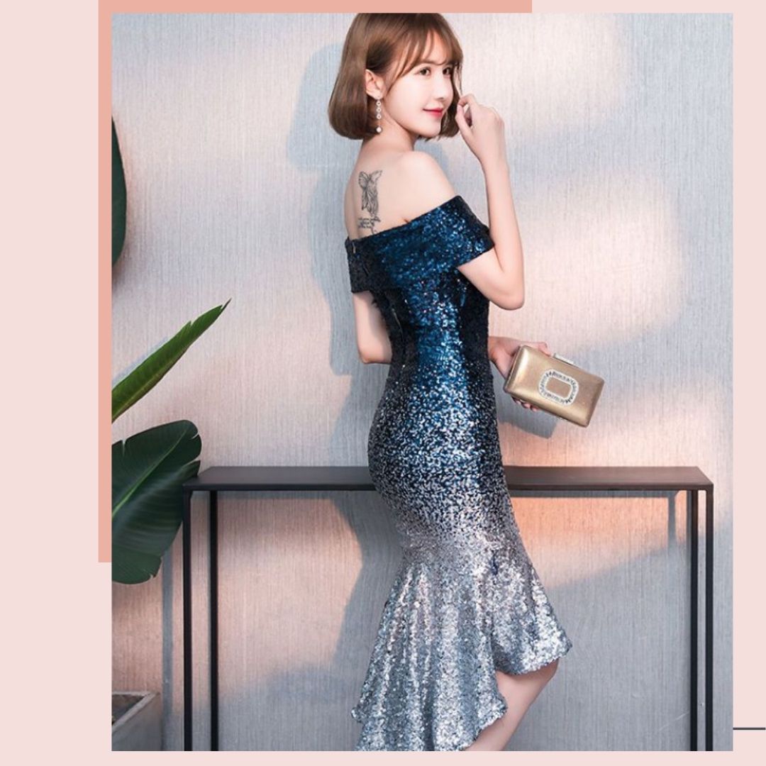 ชุดราตรี ชุดออกงาน ชุดไปงานแต่งงานสีน้ำเงินกรมท่า ทรงเข้ารูป กระโปรงหางปลา ผ้าปักเหลื่อม เรียบหรู