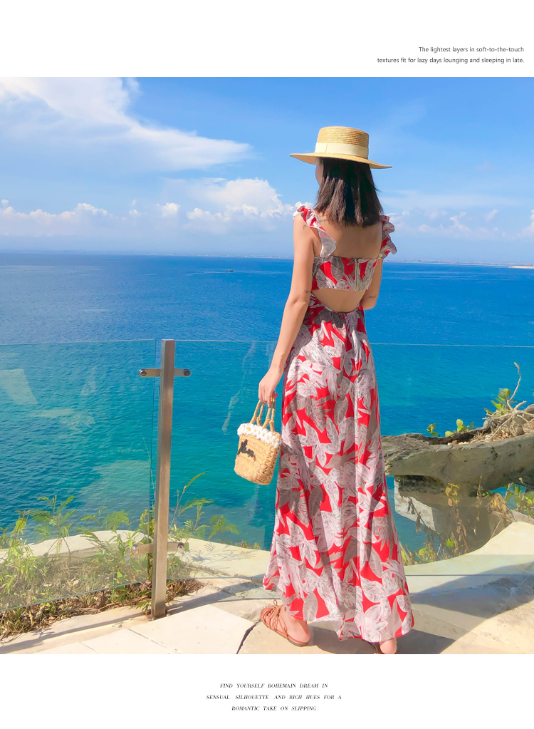 ชุดไปทะเล เดรสเที่ยวทะเล เดรสยาวสีแดงพิมพ์ลายสวยๆ เก๋ๆ