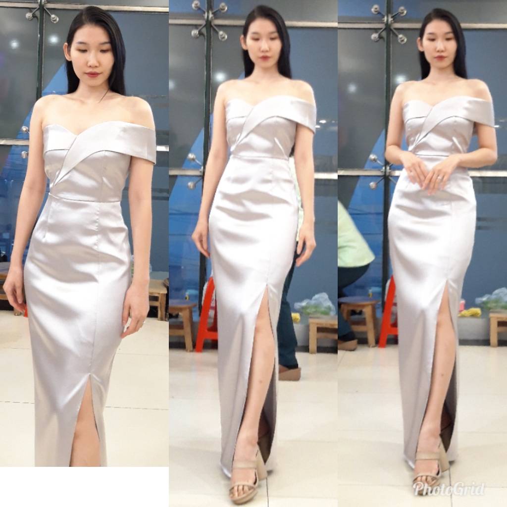 ชุดออกงานราตรียาวสีเทา เกาะอกเปิดไหล่ข้างเดียว ผ้าดัชเชสซาติน