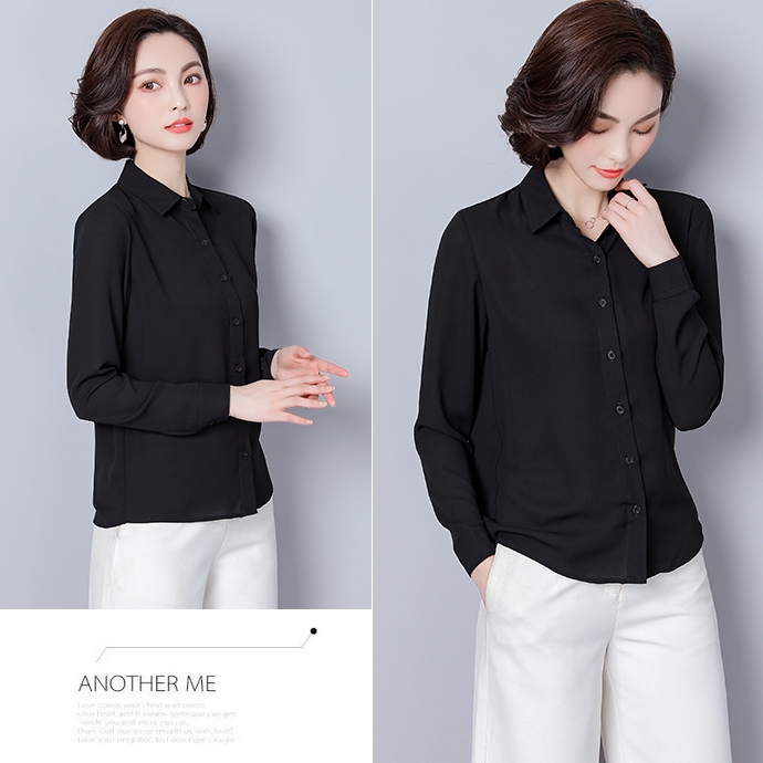 เสื้อเชิ้ตสีดำผู้หญิง แขนยาว ทรงสวย สไตล์เนี้ยบๆ ใส่ทำงาน ใส่เที่ยว แมทซ์กับกางเกง/กระโปรงได้