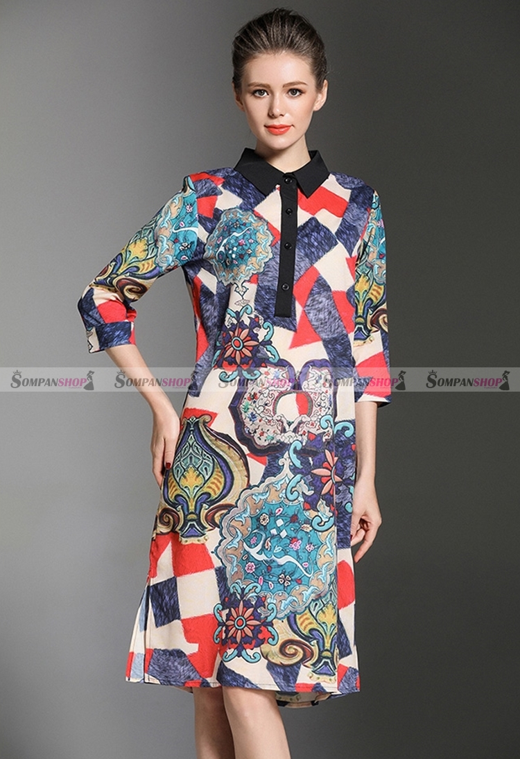 ชุดเดรสสั้นพิมพ์ลายสวยๆ เก๋ คอปก ทรงปล่อย แขนสามส่วน