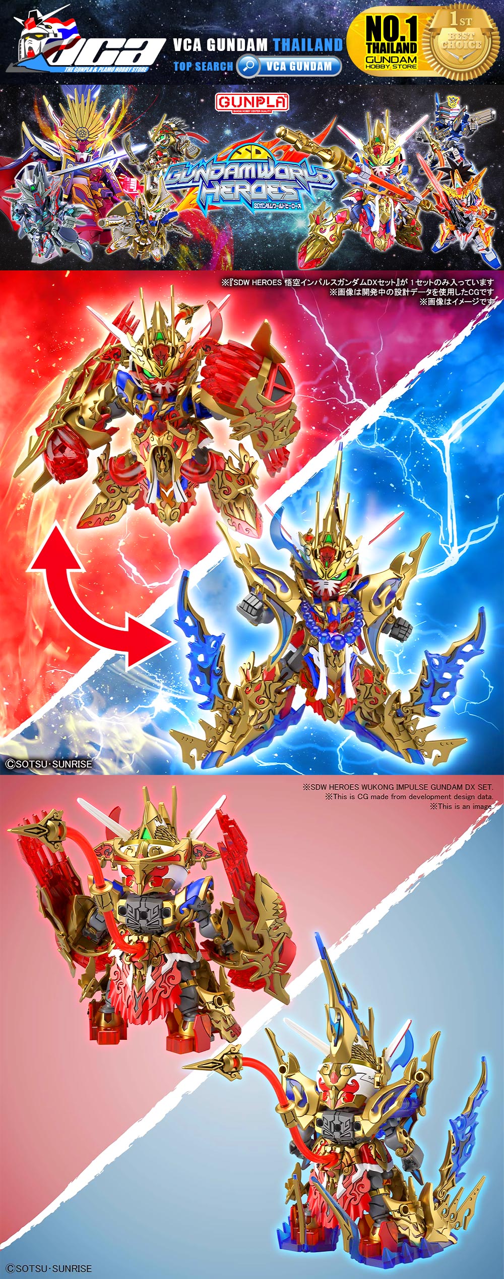 BANDAI GUNPLA SD GUNDAM WORLD HEROES SDW WUKONG IMPULSE GUNDAM DX SET โมเดล กันดั้ม กันพลา VCA GUNDAM