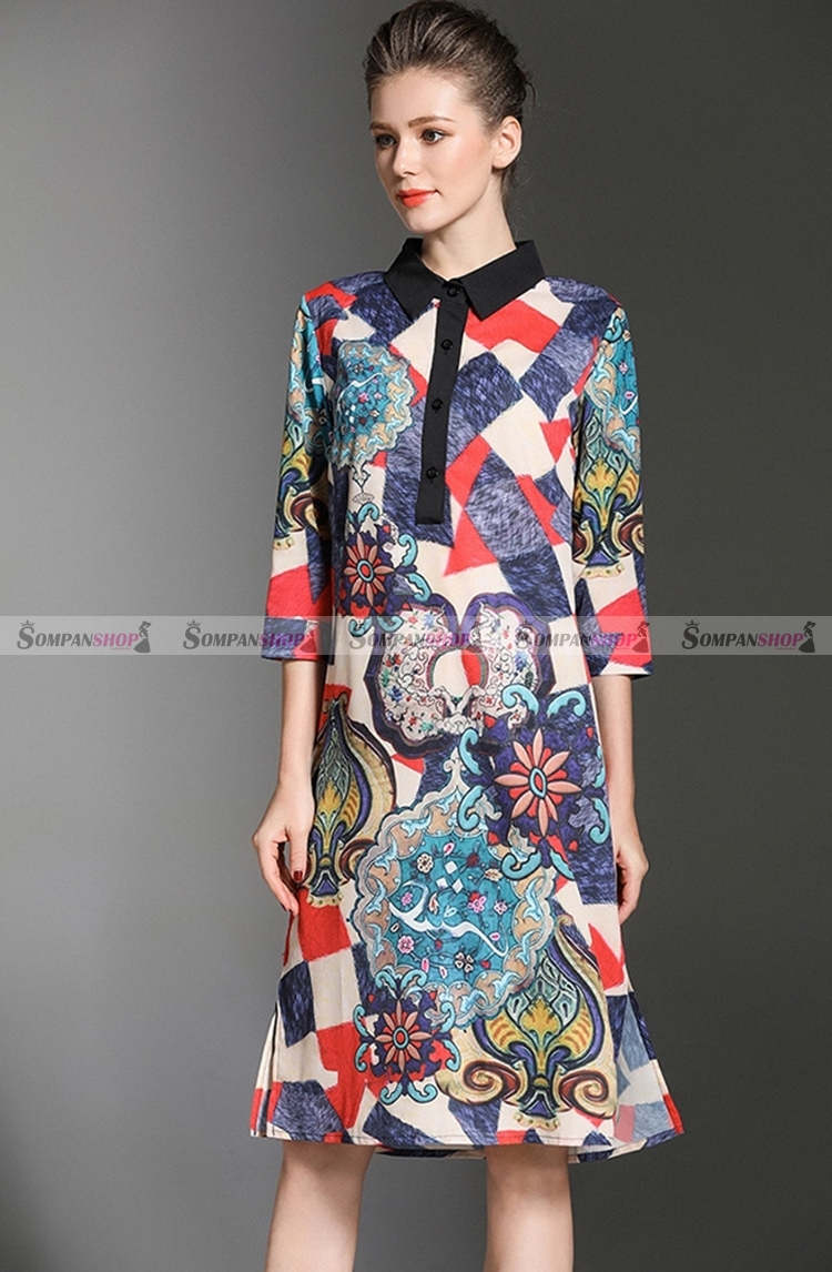 ชุดเดรสสั้นพิมพ์ลายสวยๆ เก๋ คอปก ทรงปล่อย แขนสามส่วน