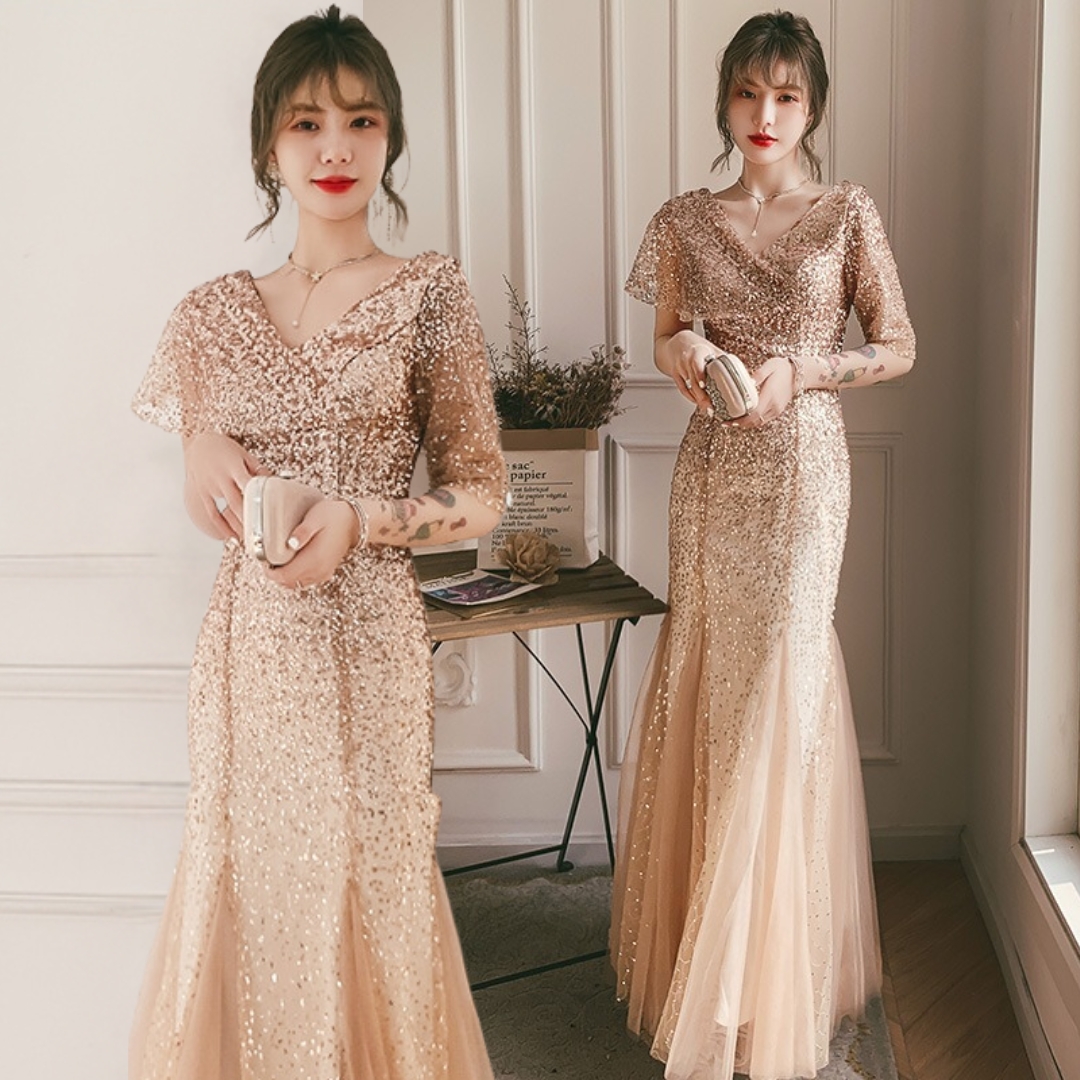 ชุดราตรียาวสีทอง เดรสออกงานปักเลื่อมแขนดีไซน์สุดเก๋ แบบสวยๆสไตล์เรียบหรูดูแพง เหมาะสำหรับใส่เป็นชุดราตรีออกงานกลางคืน ชุดไปงานแต่งงานกลางคืน ชุดไปงานกาล่าดินเนอร์