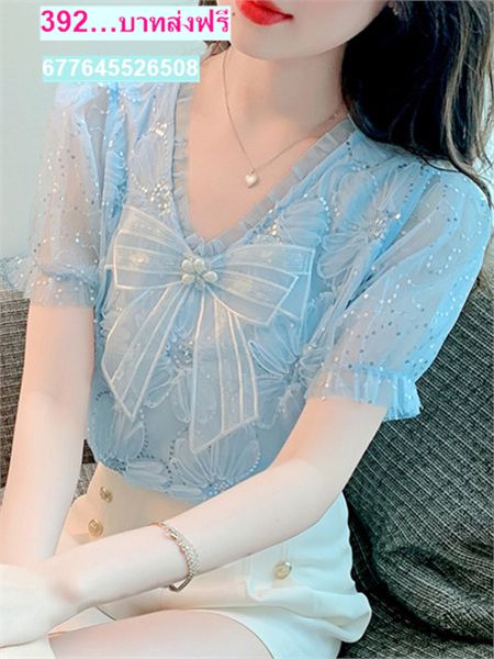 เสื้อลูกไม้แขนสั้น สีฟ้าสไตล์เจ้าหญิง
