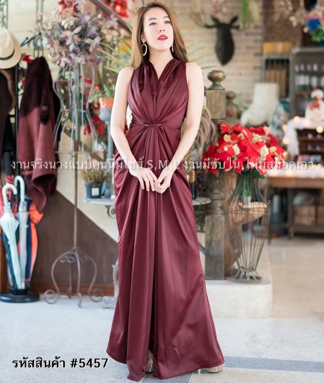 ชุดออกงานราตรีสีแดงไวน์ รวบเอว เรียบหรู ดูแพง ใส่ออกงานราตรี งานแต่งงาน ธีมเพื่อนเจ้าสาวงานกลางคืน
